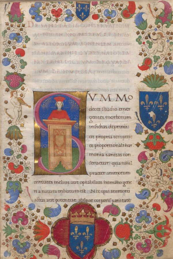 Karta rękopisu z miniaturą litery "S", z botago zdobioną bordiurą.